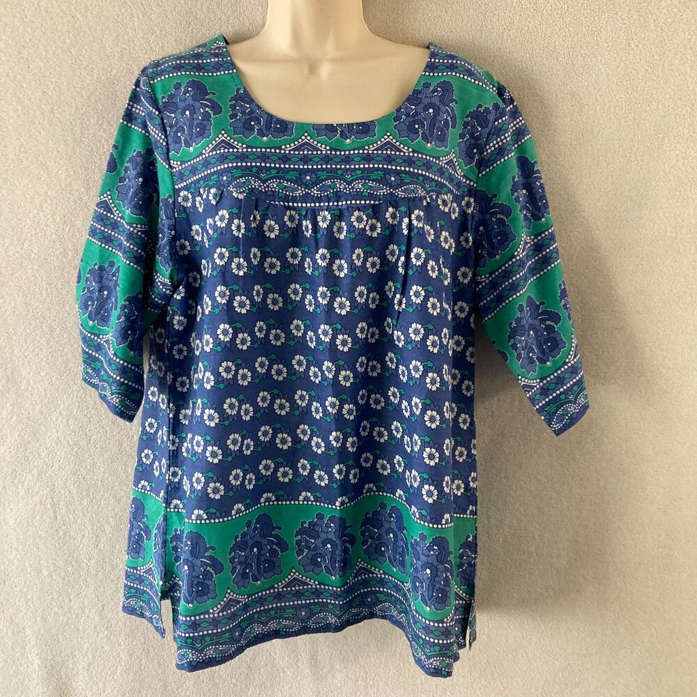 Muumuu Boho Floral Blue/Green Cotton Floral Half- Top XL
